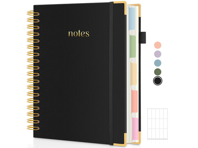 5 Subject Notebook with Dividers and Tabs, 8' x 10' College Ruled Notebook for Work, 300 Pages Spiral Journal for Women, Black