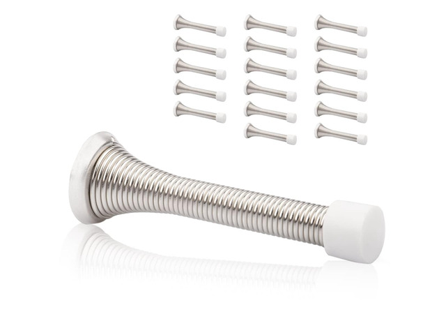 18 Pack Spring Door Stopper Brushed Satin Nickel- 3-1/4' Flexible Spring Door Stops with White Rubber Bumper Tips