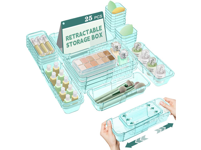 25 Pcs Clear Drawer Organizer, Adjustable Drawer Storage Box, 3-Size Desk Drawer Organizer, Acrylic Storage Bins for Makeup, Kitchen Utensils,...