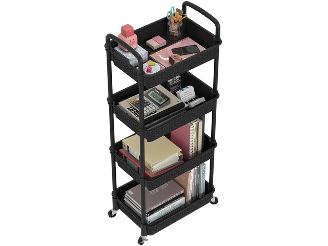 4-Tier Plastic Rolling Utility Cart with Handle, Black Utility Storage Cart for Office, Living Room, Kitchen,Movable Storage OrganizerEasy...