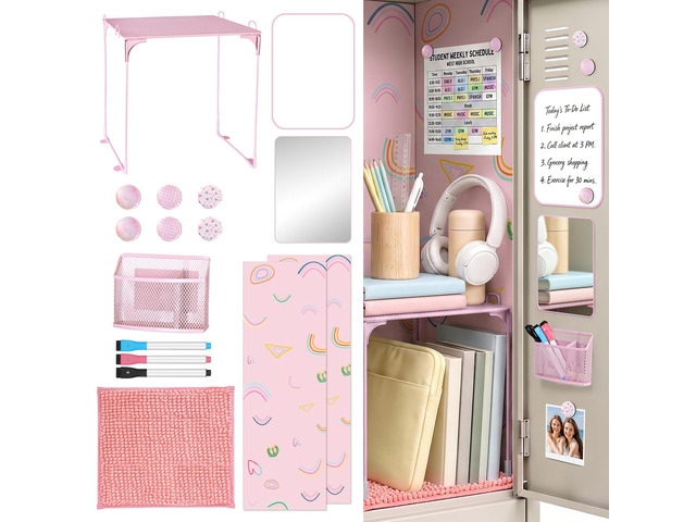16 Pcs Locker Accessories Pink Locker Organizer & Decorations Locker Shelf, Rug, Magnetic Wallpaper, Locker Mirror, Whiteboard, Pen Holder,...
