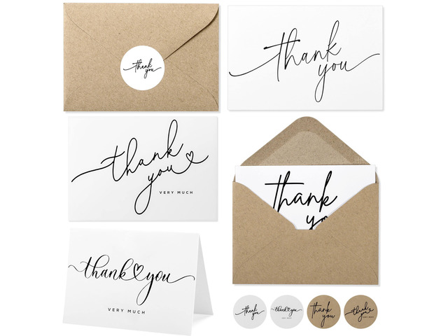 100 Bulk Thank You Cards with Kraft Envelopes and stickers - 4 Minimalistic Designs Blank Thank You Notes with Envelopes for business Wedding...