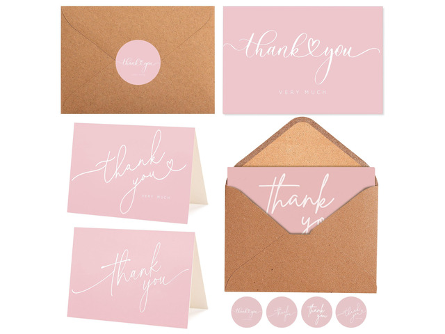 100 Bulk Pink Thank You Cards with Kraft Envelopes and stickers - 4 Minimalistic Designs Blank Thank You Notes with Envelopes for business Wedding...