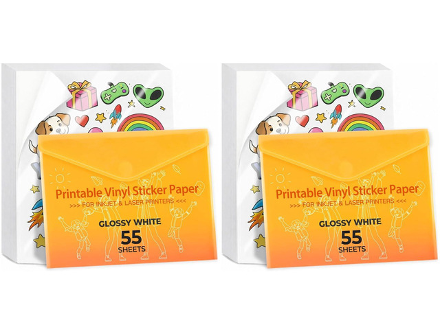 Premium Printable Vinyl Sticker Paper - for Inkjet and Laser Printer - 110 Pack Glossy White Waterproof Inkjet Printable Vinyl - Dries Quickly and...