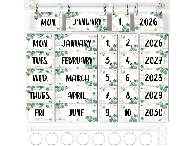 Eucalyptus Flip Calendar for Classroom Decor Bulletin Board 2026 to 2030 Years Date Cards and Adjustable Rod Greenery Calendar Chart Class...