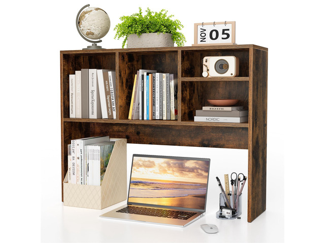 2-Tier Desktop Bookshelf Hutch, Wood Countertop Storage Organizer with 4 Storage Compartments for Computer Desk, Multipurpose Tabletop Display Rack...