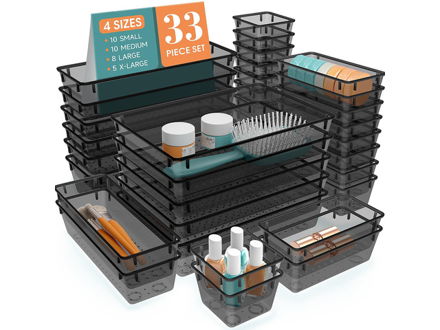 33 PCS Plastic Drawer Organizers Set, 4 Size Desk Drawer Organizer Trays 4 Size Desk Drawer Organizer Trays for Makeup, Jewelry, Kitchen Utensils,...