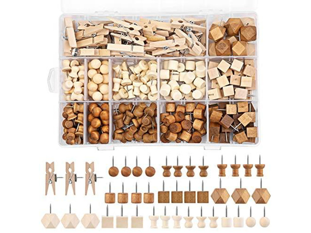 270 Pcs Wooden Push Pins 7 Types Decorative Thumb Tacks 2 Colors Cute Push Pins Wooden Head Pin Marking Pin, Thumb Tacks Decorative for Bulletin...
