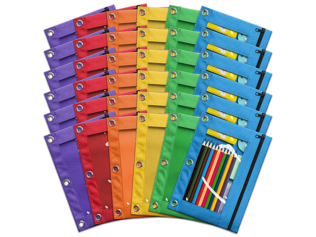 Pencil Pouch for 3 Ring Binder, Bulk 36 Pack 3-Holes Zipper Pencil Pouches in Assorted Colors, Sturdy and Durable Cloth Pencil Holder with Clear...