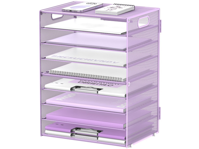 9-Tier Paper Organizer for Desk, Metal Letter Tray with Handles, Purple Desk File Organizer with Removable Trays for Sorting Files, Folders, Mail...