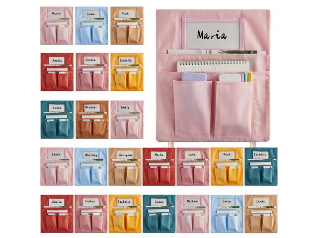 24 Pcs Small Chair Pockets for Classroom 13 x 14 Inch Bag with Name Tag Multi Pockets Chairsback Pouch Organizer for Student Kindergarten...