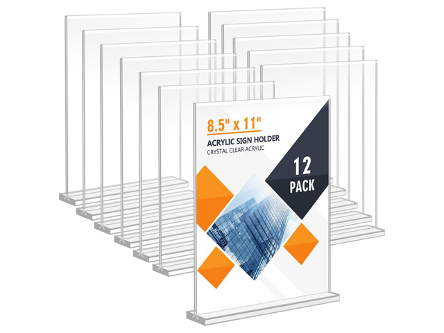 Acrylic Sign Holder 8.5 x 11, Double Sided Sign Holder Stand, Plastic 12 Pack Table Paper Stand, Vertical Menu Flyer Stand, T Shape Table Flyer Holder
