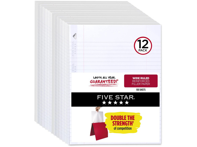 Loose Leaf Paper, 12 Pack, Notebook Paper, Wide Ruled Filler Paper, Reinforced, 8 x 10.5, 100 Sheets per Pack (72364)