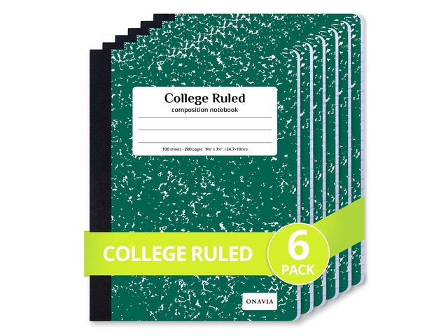 Composition Notebook College Ruled 6 Pack, 200 Pages, Marble Green 100 ct, 9.75 x 7.5 in, Durable Comp Book, School Notebooks, Students, Note...