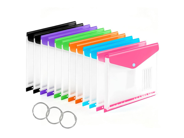 12 Pack Plastic Envelopes Binder Pocket 11 Holes Expandable Binder Folders for 2/3/4 Ring Document Pouch with Snap Button & Label Loose-Leaf...