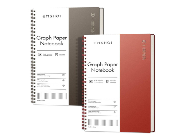 Graph Grid Journal Notebook, 2 Pack, 320 Pages, B5 (7.4' x 10') 100 GSM Thick Paper, Flexible Plastic Cover, Spiral-bound, for School, Student,...