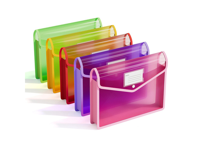 Plastic Expanding File Folders, Transparent Envelopes with Snap Suitable for Home, Office, School, Large Capacity, No Dividers, Dopamine 5-Color,...