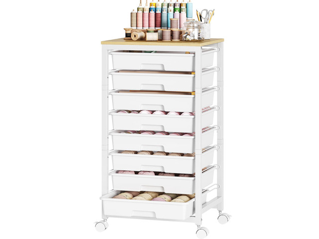 Rolling Cart with 8 Drawers,White Storage Cart with Wooden Tabletop and Wheels for Craft Organizer,Classroom,Office,Easy Assembly