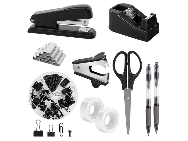 Black Office Supplies Set, Stapler and Tape Dispenser Set,10PCS Black Desk Accessories with Stapler, Tape Dispenser, Scissors, Binder/Paper Clips...