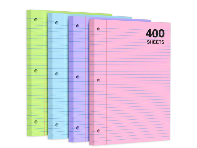 400 Sheets Pastel Colored Filler Paper Set, College Ruled, 8' x 10.5' Three-Hole Punched, Compatible with 3-Ring Binders, Includes Pink, Purple,...