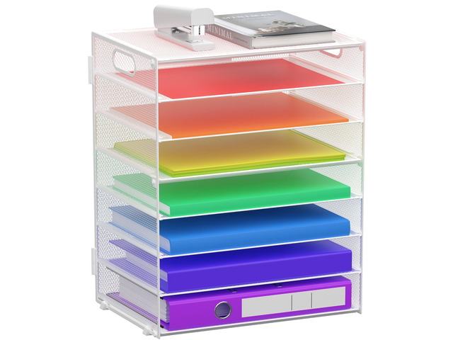 8 Tier Paper Letter Tray Organizer with Handles for Desk (White) Mesh Desk File Holder Storage Organization for Home School Classroom & Office