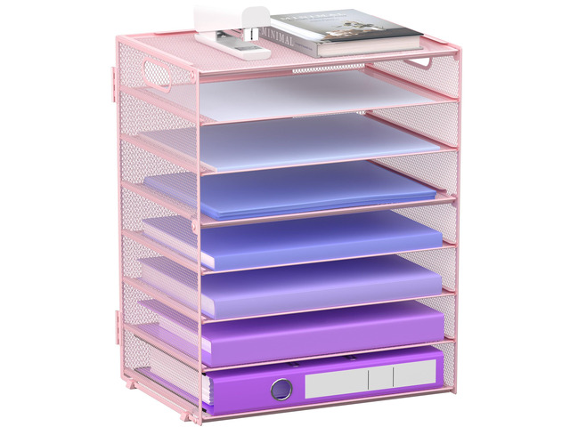 8 Tier Paper Letter Tray Organizer with Handles for Desk (Pink) Mesh Desk File Holder Storage Organization for Home School Classroom & Office