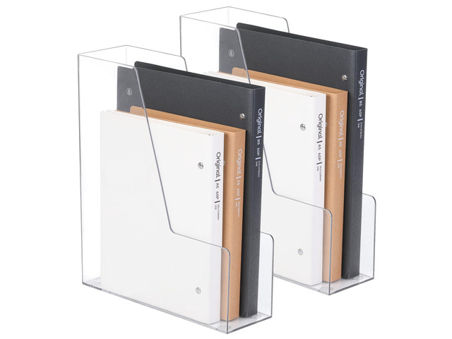 Vertical File Holder, PET Desk Organizer, Multi-purpose Plastic Document Storage Bins for Magazines, Binders, Notebooks, Envelopes, 2 Pack