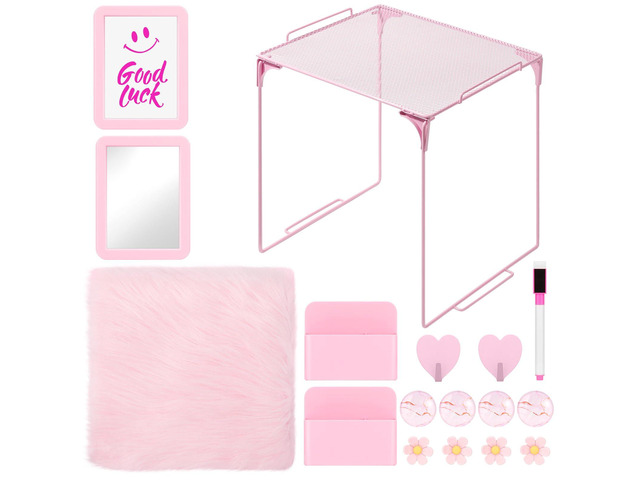 17PCS Locker Accessories for Girls, Lockers Decor for School, Pink Includes a metal mesh shelf, whiteboard, magnetic mirror, marker holders, plush...