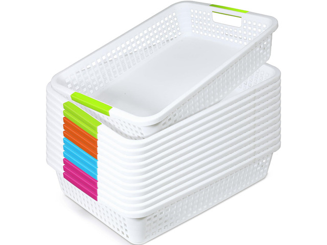 12 Pack Classroom Storage Baskets 15''x10''x3'' Large Plastic Paper Trays with Handle Letter Size A4 Paper Toy Basket Turn in Trays for Library...