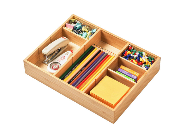 Bamboo Desk Drawer Organizer, Wood Junk Organizer Tray with Adjustable Dividers, Anti-Skip Storage Organization in Office Bathroom Drawer for...