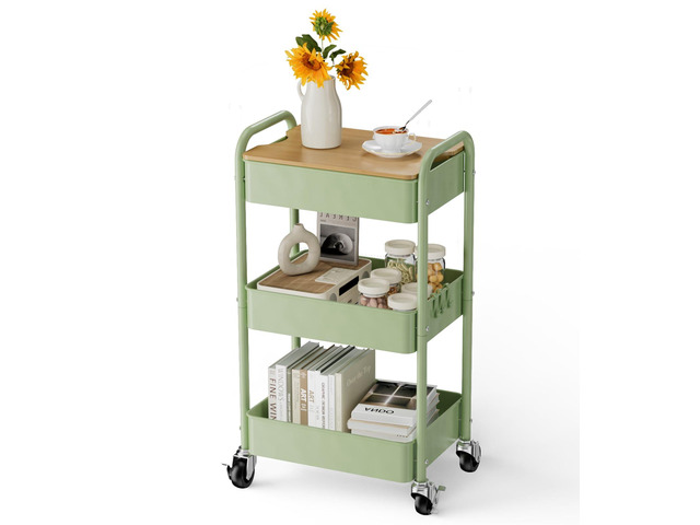 3 Tier Rolling Cart with Table top, Metal Rolling Utility Cart, Sturdy Storage Organizer Cart with Locking Wheels & Hooks for Office, Classroom,...
