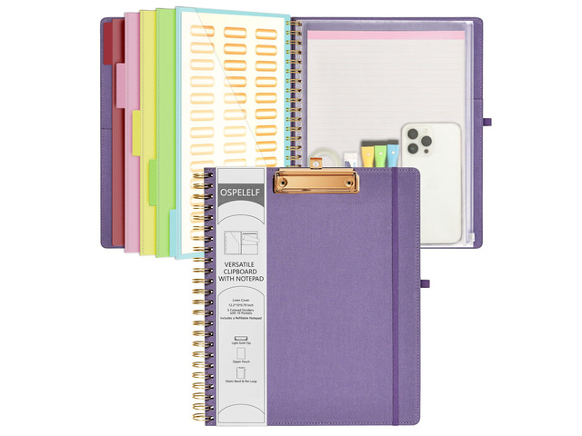 Foldable Spiral Clipboard Folio with Storage Zipper Pouch, 5 Plastic Folders with 10 Pockets,Refillable Lined Notepad (11' x 8.5'), Hardcover...