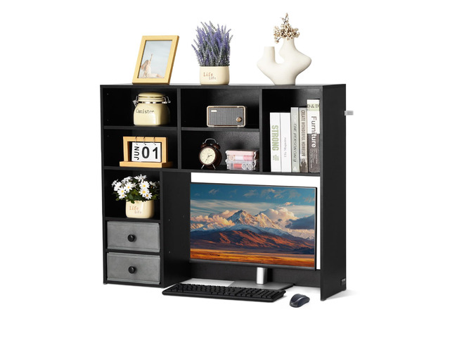 3-Tier Desktop Storage Organizer, 37' x 10' x 31.1' Office Storage Rack Wood Display Shelf, Desktop Bookshelf Hutch with 2 Fabric Drawers, for...