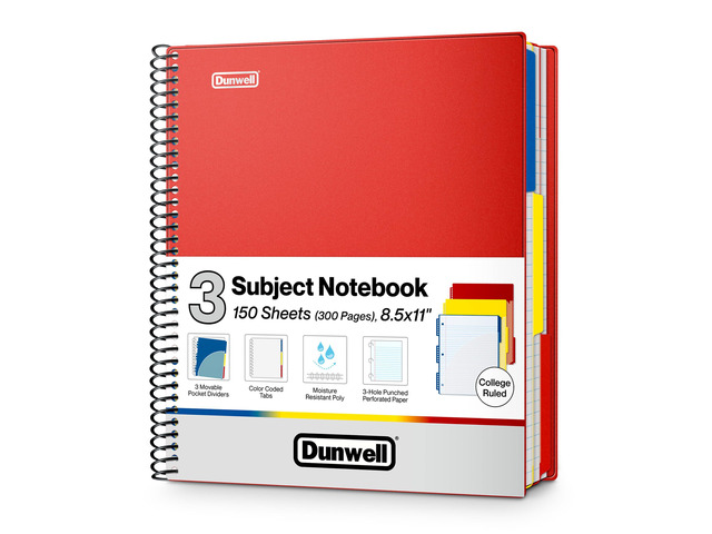 3-Subject Spiral Notebook College Ruled 8.5x11 (Red), 150 Sheets (300 Pages), Tabs, Color Movable Divider Pockets, Protective Plastic Covers,...