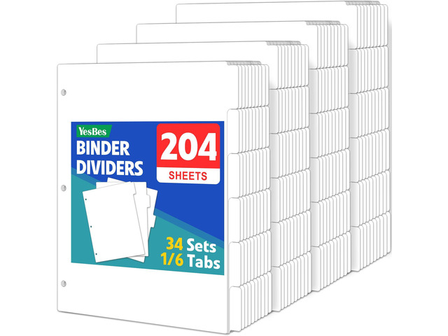204 Pcs Binder Dividers with Tabs, 1/6 Cut Tabs, Dividers for 3 Ring Binder, Blank Write On Binder Dividers in 6 Tab Sets, Letter Size, 204...