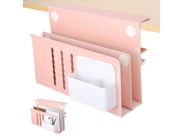 Desk Side Storage, 2 Tie Laptop Holder No Drill Clamp On Organizer Sturdy Steel Double Tier Strong, Magnetic Pen Holder, No Drill Clamp for...