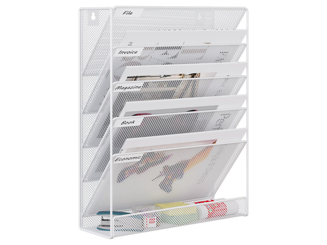 5 Tier Wall File Holder, Mesh Hanging Folder Organizer with Classify Label, Versatile Desk File Holder, Vertical Wall Mounted Mail Organizer for...