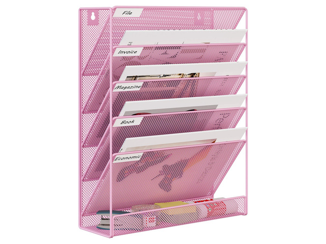 5 Tier Wall File Holder, Mesh Hanging Folder Organizer with Classify Label, Versatile Desk File Holder, Vertical Wall Mounted Mail Organizer for...