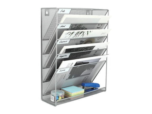 5 Tier Wall File Holder, Mesh Hanging Folder Organizer with Classify Label, Versatile Desk File Holder, Vertical Wall Mounted Mail Organizer for...