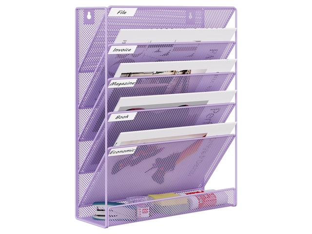 5 Tier Wall File Holder, Mesh Hanging Folder Organizer with Classify Label, Versatile Desk File Holder, Vertical Wall Mounted Mail Organizer for...