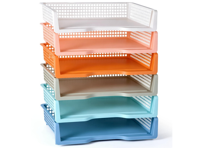 6 Pack in Trays for Teachers, Plastic Classroom Paper Organizers, Colorful Storage Baskets for Office, Stackable Office Desktop Document Paper...