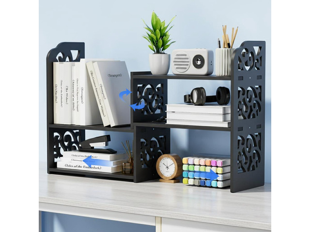 Adjustable Desktop Shelf Organizer, 3-Tier Desk Shelf, Black Pattern Expandable Width Design, 3-Tier Storage, Cloud Pattern Style, Lightweight PVC...