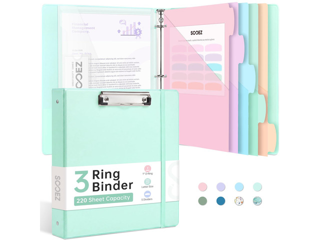 3 Ring Binder Clipboard with Storage & 5-Tab Dividers, 1 Inch Premium Clip Board 11 x 8.5 & Pen Holder, Pocket Dividers, Clear File Folder, Cute...