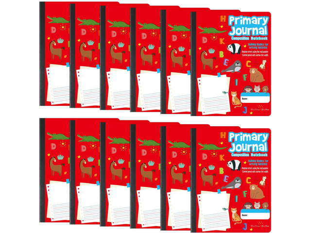 12 Pcs Primary Composition Notebook K-2 Picture Space, Red Color Primary Journal, Grades K-2, Animal Print, 50 Sheet (100 Pages), Drawing and...