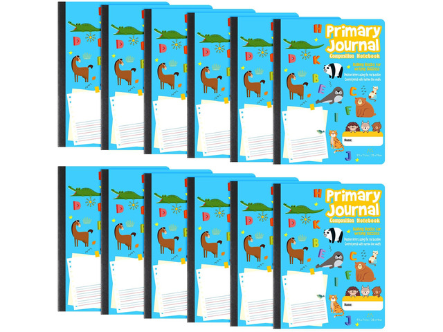 12 Pcs Primary Composition Notebook K-2 Picture Space, Blue Color Primary Journal, Grades K-2, Animal Print, 50 Sheet (100 Pages), Drawing and...