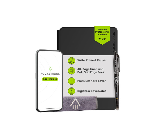 Pro Smart Reusable Notebook, Executive 7x9, Black Lined and Dotted Interchangeable Pages, For Work and Business Meetings