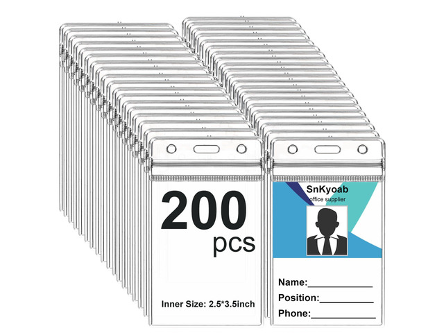 200PCS Vertical Badge Holder with Waterproof Resealable Zip(2.5x3.5Inches) Heavy Duty ID Card Holder Clear Plastic PVC, Name Tag Holder for Badge...