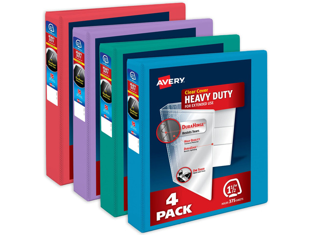 Heavy-Duty View 3 Ring Binders, 1.5', 4 Assorted Bright Binders For Heavy School, Home and Office Use, DuraHinge Tear-Resistant Spine, DuraEdge...