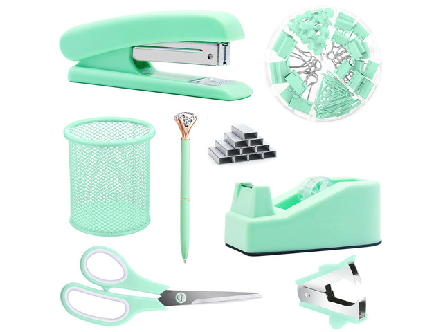 Green Desk Accessories, Green Office Supplies, Stapler, Staple Remover, Tape Holder, Pen Holder, Ballpoint Pen, Scissor, Binder Clips, Paper Clips...