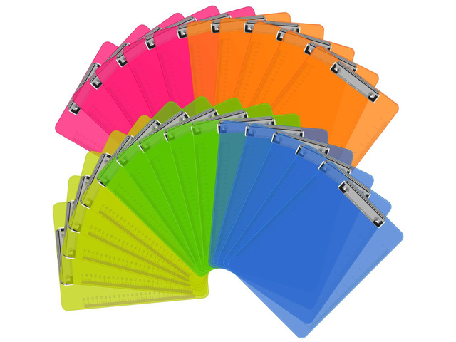 Clipboards, 25 Pack Plastic Clipboards Low Profile Clip Standard A4 Letter Size, Assorted Transparent Color, for Classroom and Office Use
